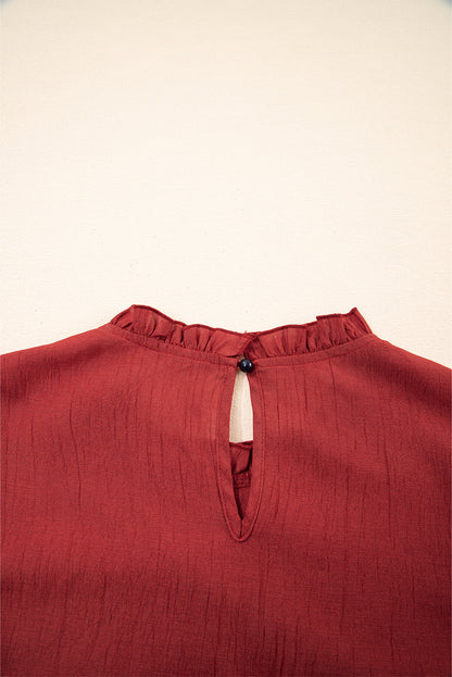 Red Dahlia Solid Color Pleated Detail Ruffle Short Sleeve Blouse
