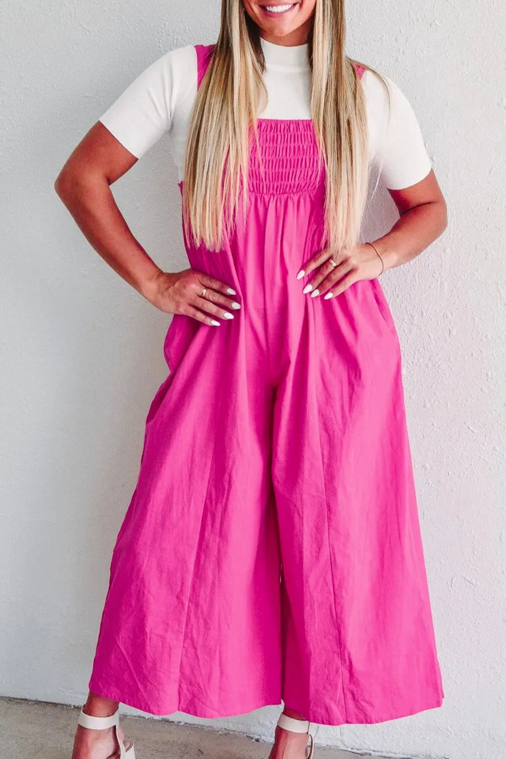 Strawberry Pink Wide Straps Smocked Detail Wide Leg Overalls - Chic Meadow Boutique 