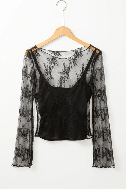 Black Lace Mesh Crochet Splicing Slim Fit Long Sleeve Blouse - Chic Meadow Boutique 