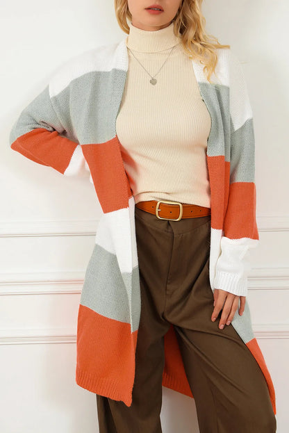 Orange Striped Color Block Drop Shoulder Midi Cardigan - Chic Meadow Boutique 