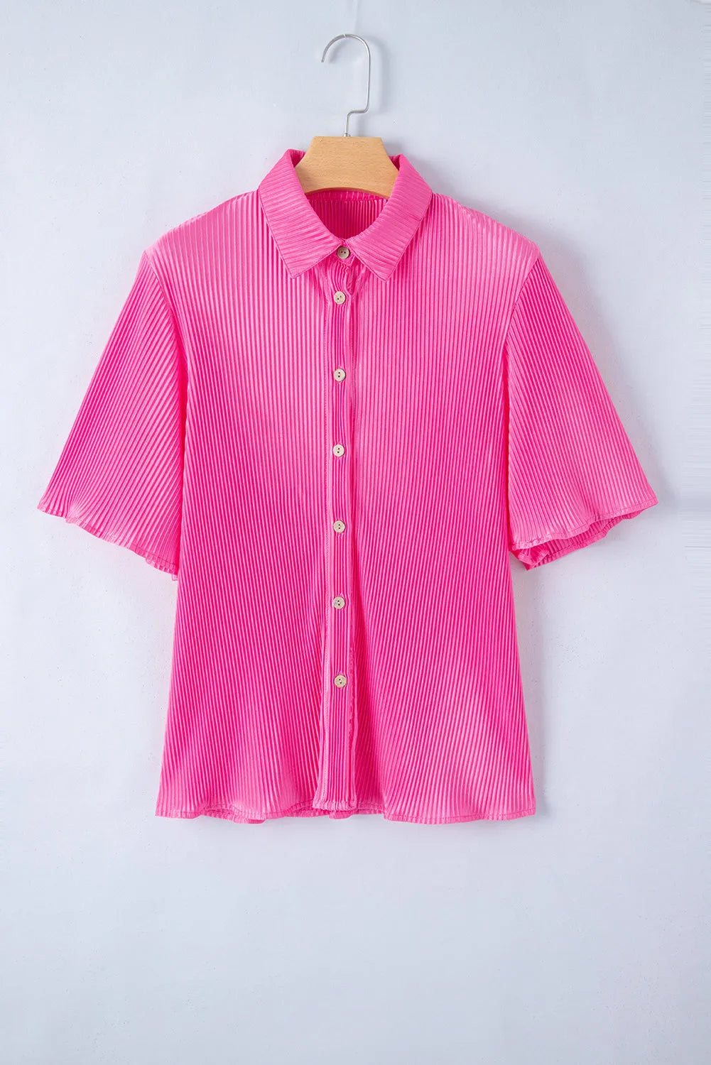 Bright Pink Satin Pleated Short Sleeve Shirt - Chic Meadow Boutique 