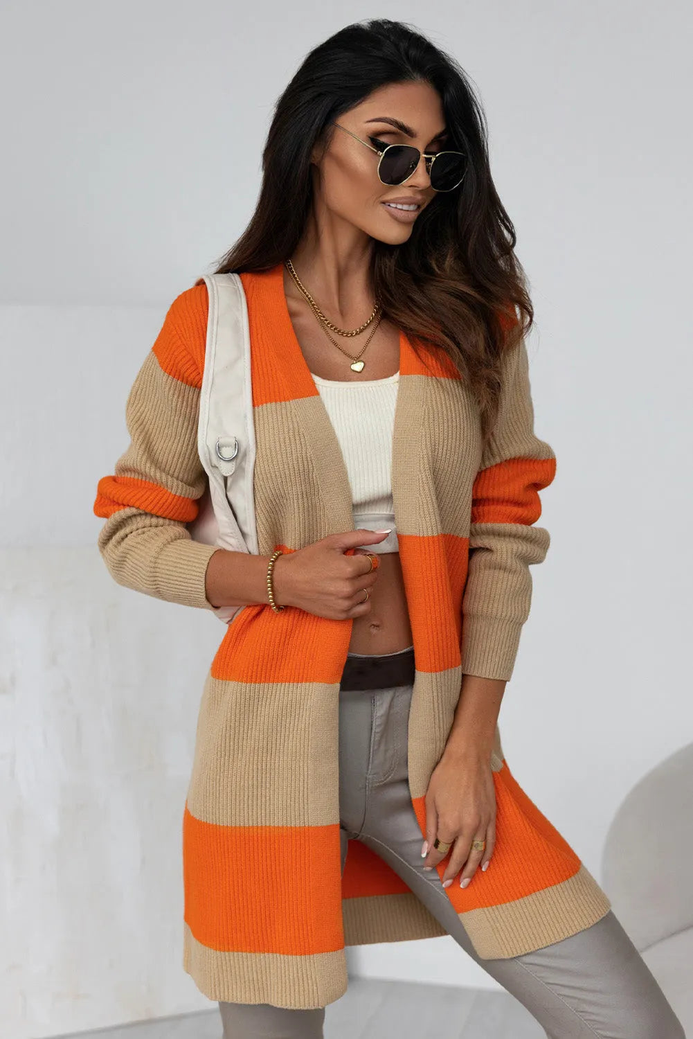 Orange Colorblock Ribbed Knit Cardigan - Chic Meadow Boutique 