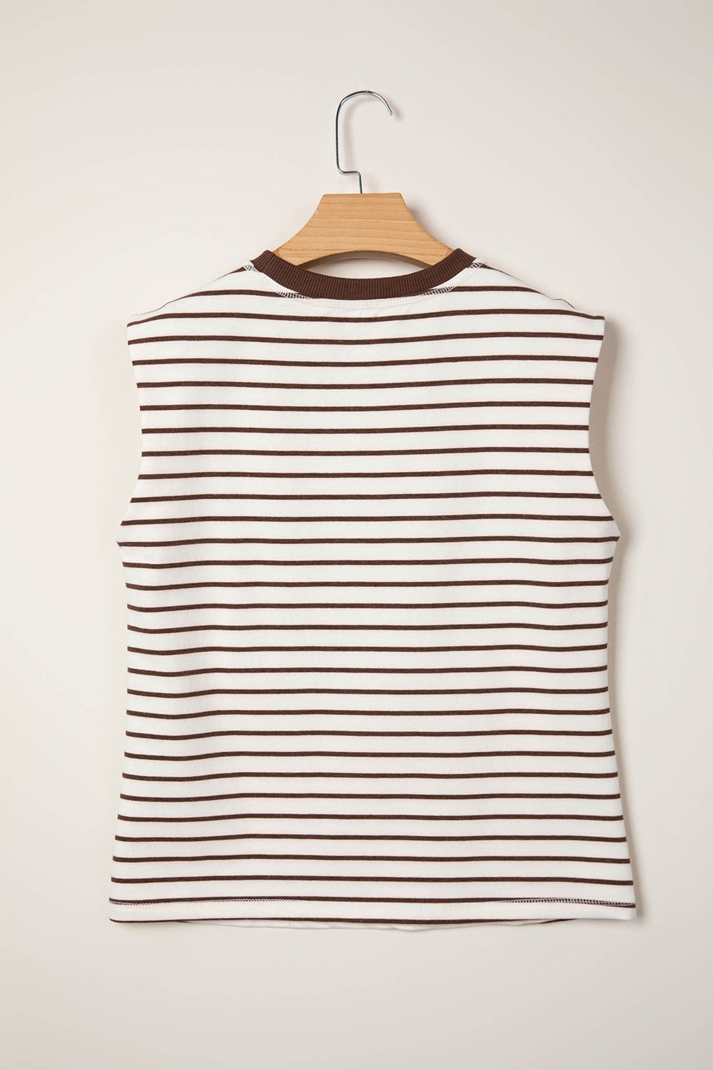 Brown Stripe Ribbed Round Neck Trim Loose Tank Top