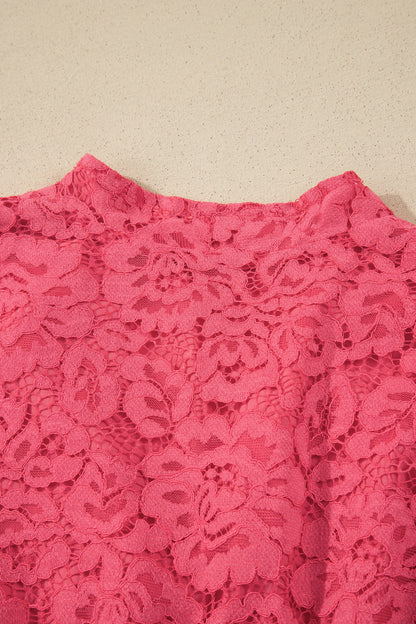 Coral Floral Lace Overlay Zip Up V Neck Smocked Waist Sleeveless Dress