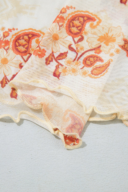 Apricot Floral Print Slim Fit Mesh Long Sleeve Mock Neck Top