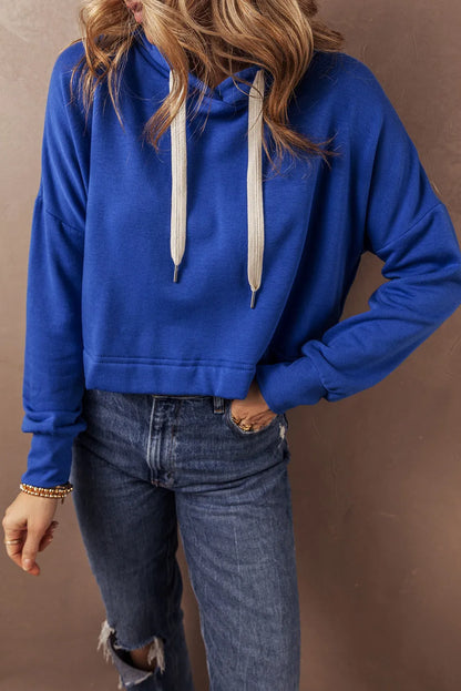 Dark Blue Solid Drop Shoulder Drawstring Cropped Hoodie - Chic Meadow Boutique 