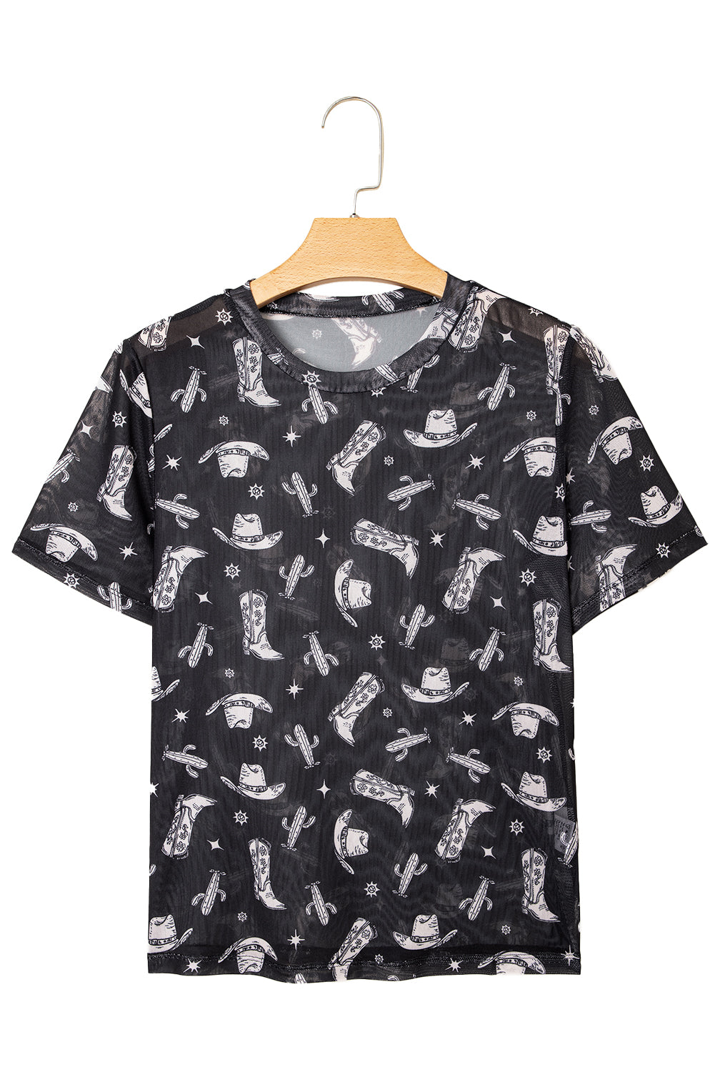 Black Western Pattern Mesh Sheer Crew Neck T Shirt