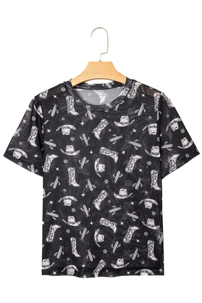 Black Western Pattern Mesh Sheer Crew Neck T Shirt