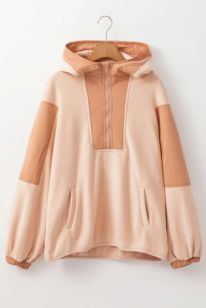 Light French Beige Colorblock Patchwork Half Zip Oversized Sherpa Hoodie - Chic Meadow Boutique 