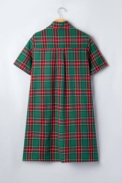 Green Plaid Button Front Short Sleeve Shift Dress