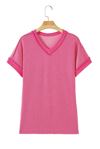 Rose Red Twisted Ribbed Knit V Neck Casual Tee