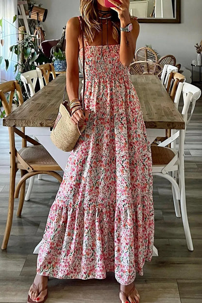 Dresses/Maxi Dresses White / S / 100%Polyester White Boho Floral Smocked Ruffled Maxi Dress