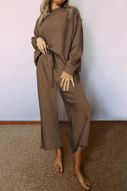 Two Piece Sets/Pant Sets Dark Brown / S / 95%Polyester+5%Elastane Dark Brown Ultra Loose Textured 2pcs Slouchy Outfit