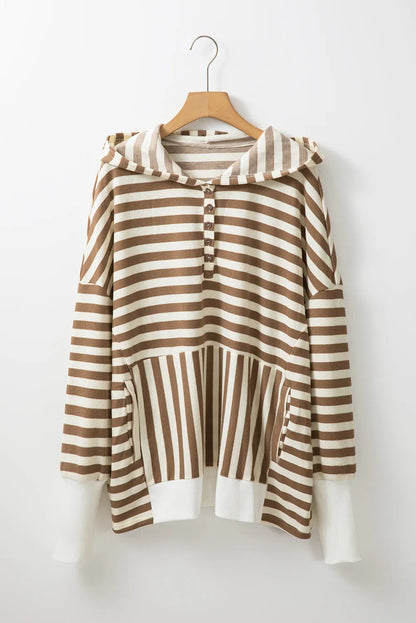 Brown Stripe Quarter Buttons Drop Sleeve Plus Size Hoodie - Chic Meadow Boutique 