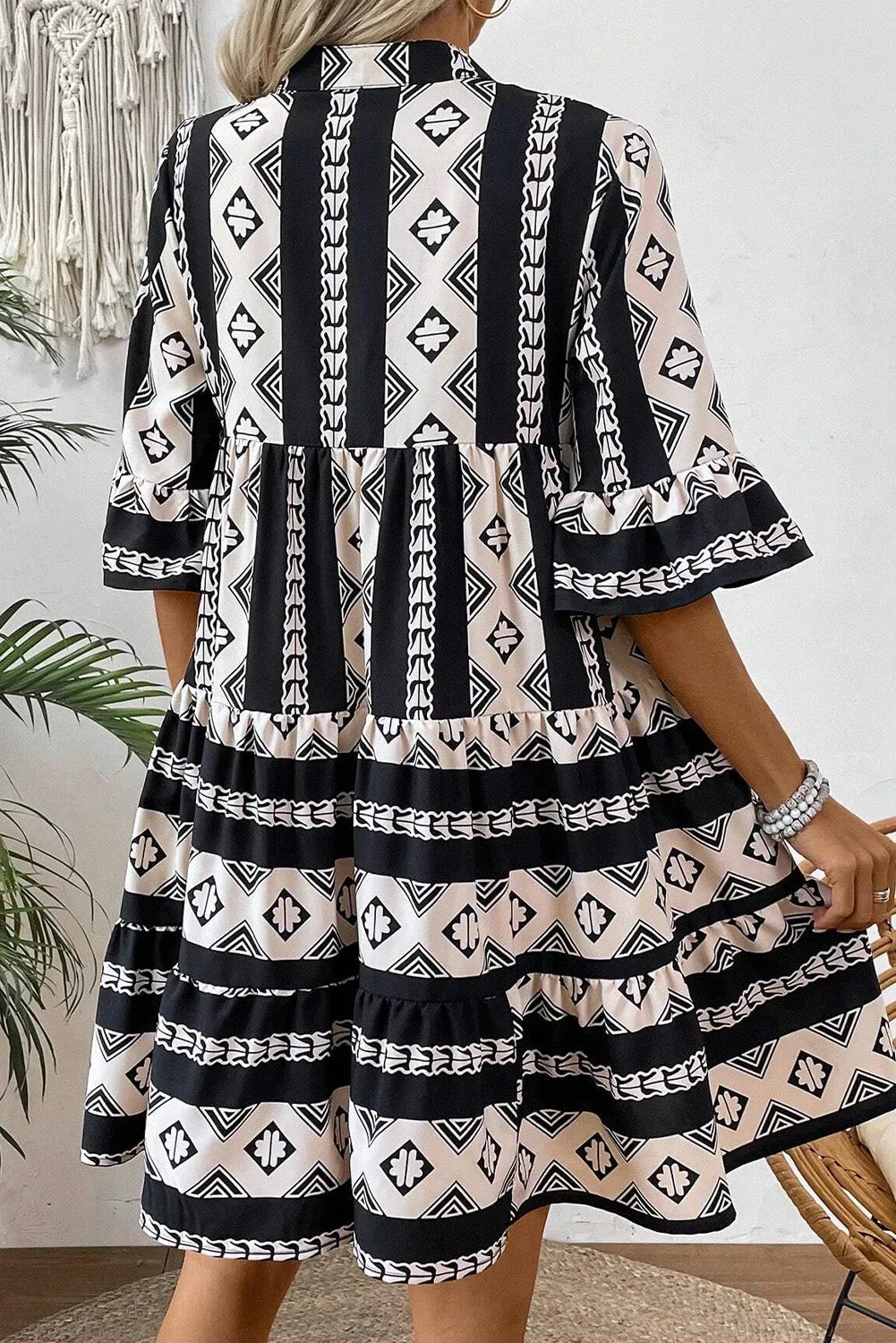 Black Geometric Print V Neck Ruffled Dress - Chic Meadow Boutique 