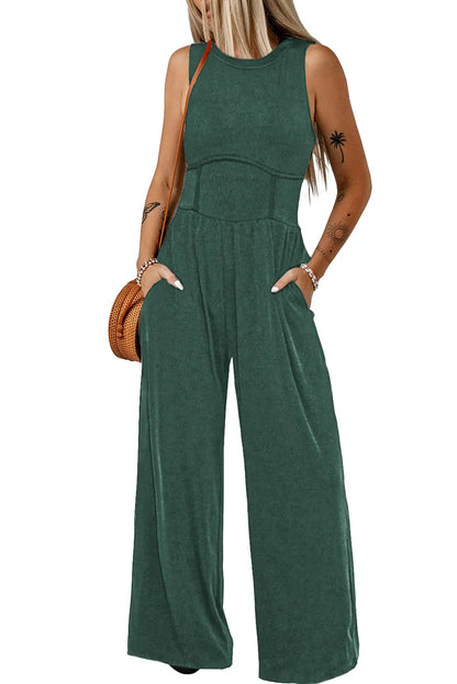 Blackish Green Cinched Waist Sleeveless Wide Leg Jumpsuit - Chic Meadow Boutique 