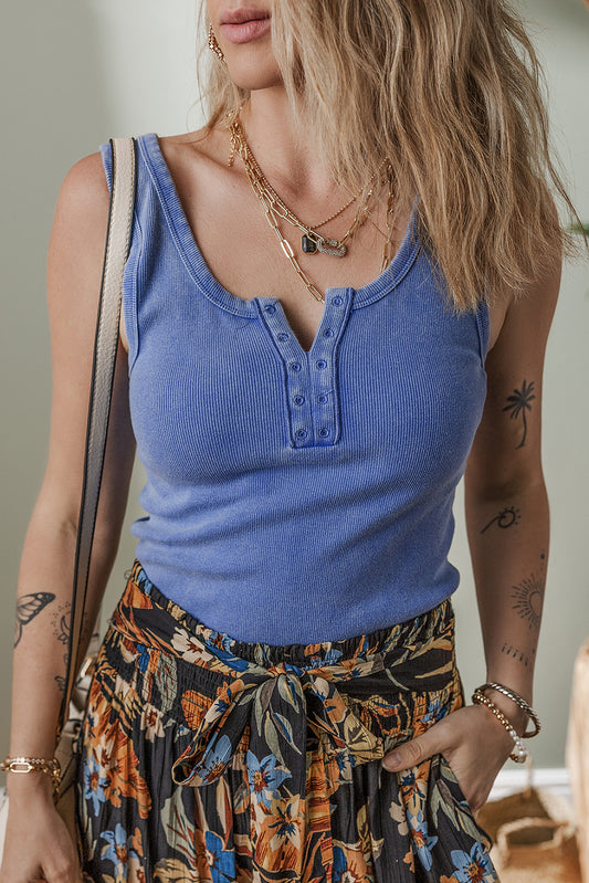 Sky Blue Mineral Wash Ribbed Notch Neck Tank Top