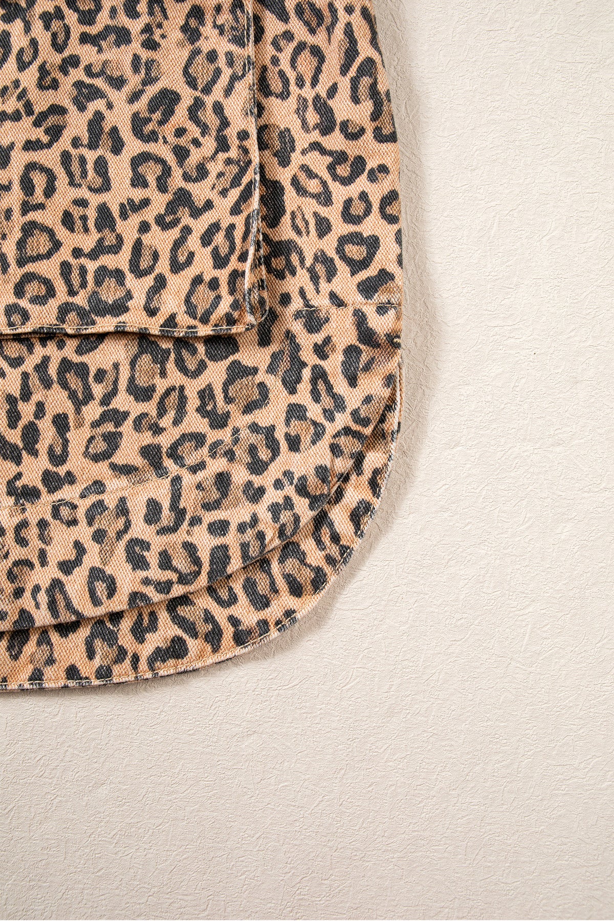 Khaki Leopard Print Collar Long Sleeve Patch Pocket Shift Denim Jacket