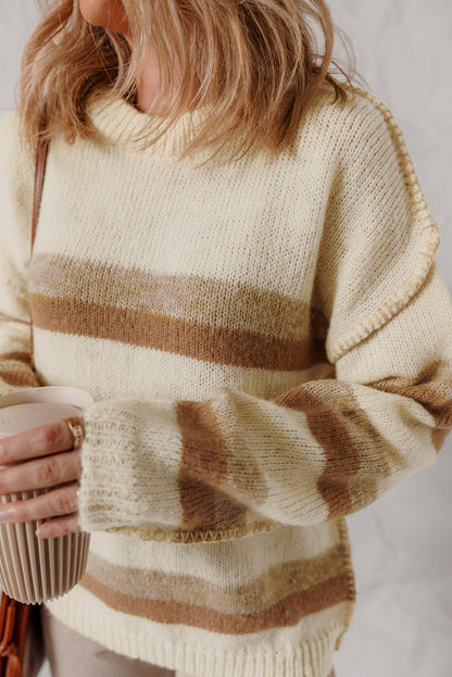 Khaki Stripe Exposed Seam Drop Shoulder Knit Baggy Sweater