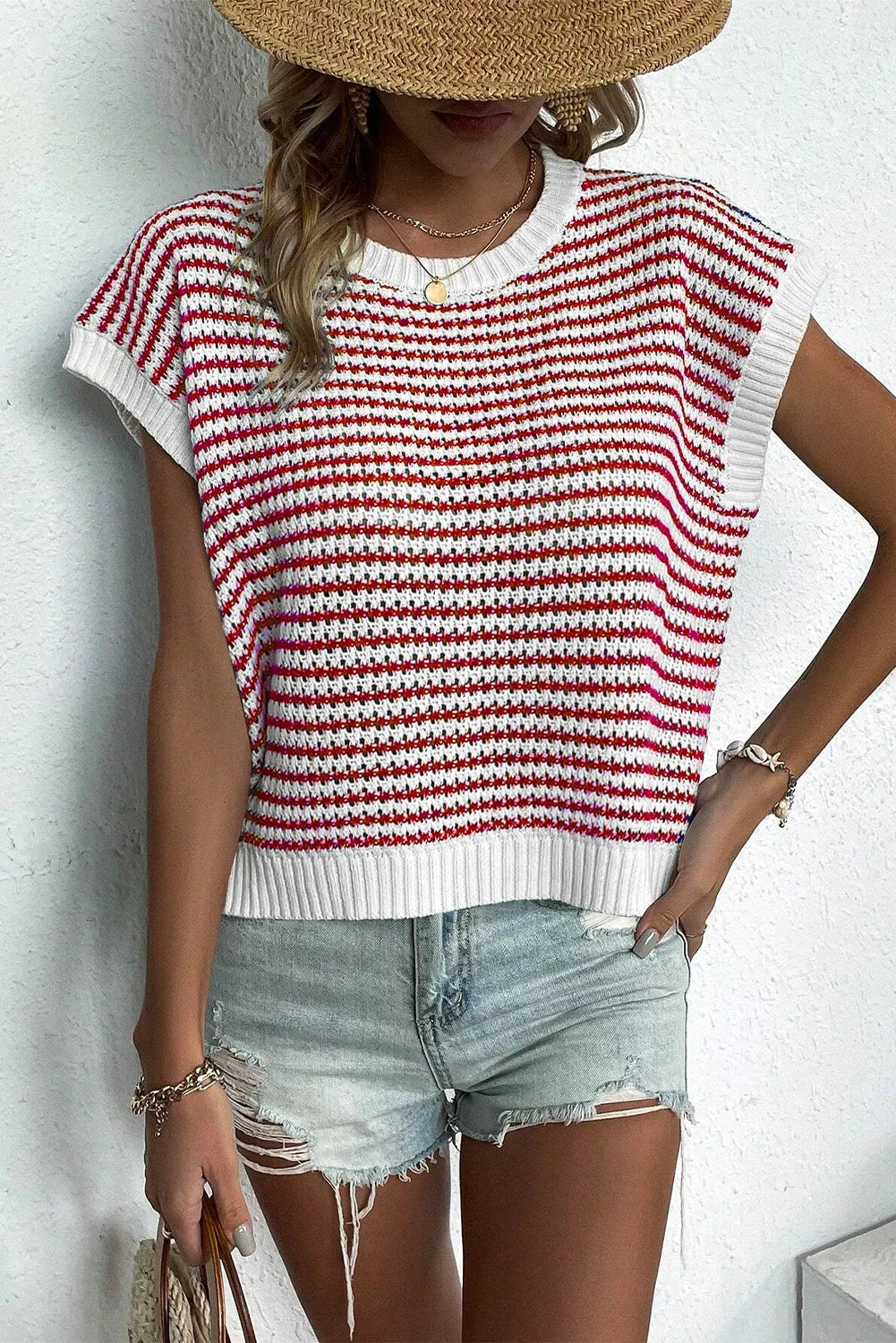 Red Stripe Ribbed Trim Loose Fit Knitted Sweater Vest - Chic Meadow Boutique 