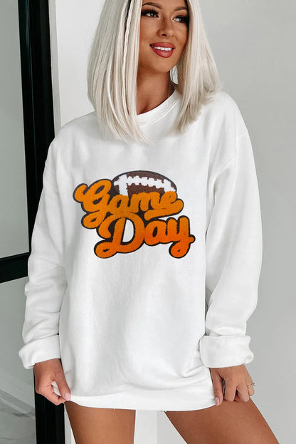 White Chenille Game Day Rugby Football Pattern Pullover Sweatshirt - Chic Meadow Boutique 