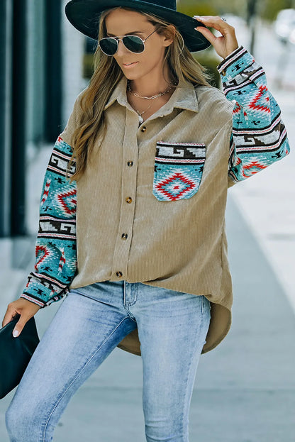 Khaki Aztec Pattern Sleeve Pocketed Corduroy Shacket - Chic Meadow Boutique 