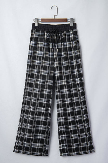 Black Frenchy Plaid Pattern Contrast Drawstring Waist Wide Leg Pants