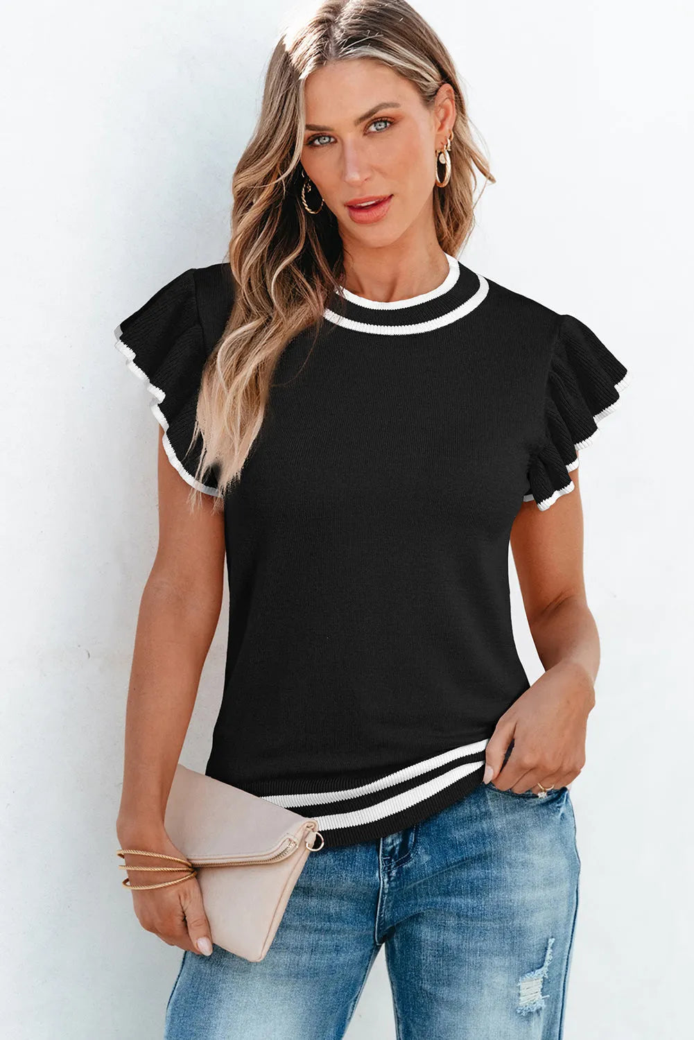 Black Edge Piping Ruffled Sleeve Round Neck Knit T Shirt - Chic Meadow Boutique 