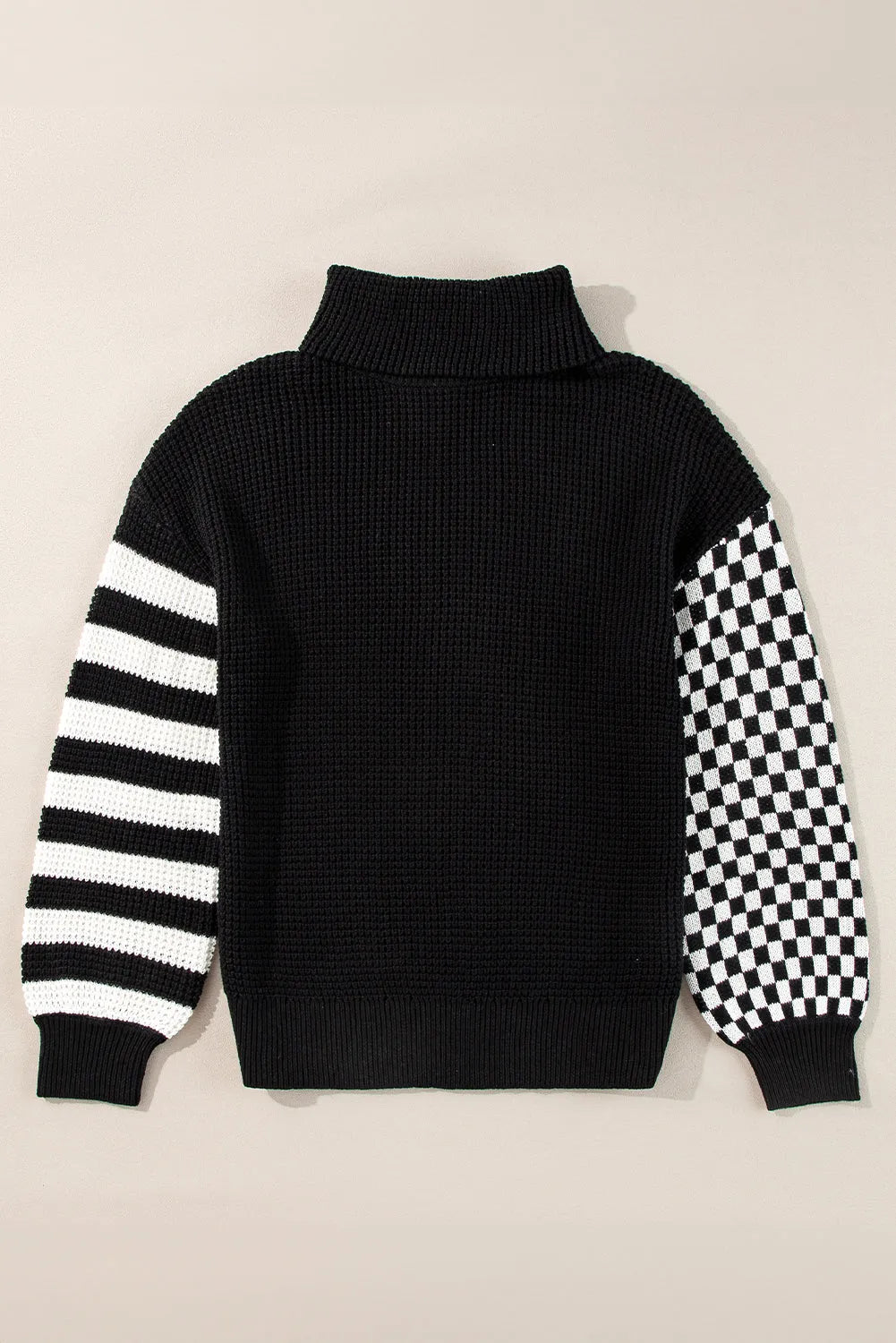 Black Striped Plaid Patchwork Waffle Knit Turtleneck Sweater - Chic Meadow Boutique 