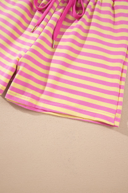 Rose Red Striped Long Sleeve Zip-Up Hoodie Drawstring Elastic Waist 2pcs Short Set
