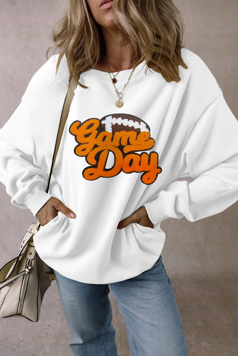 White Chenille Game Day Rugby Football Pattern Pullover Sweatshirt - Chic Meadow Boutique 