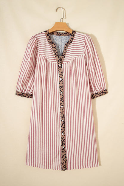 Pink Stripe Square Button Leopard Trim Loose Bracelet Sleeve Shirt Dress
