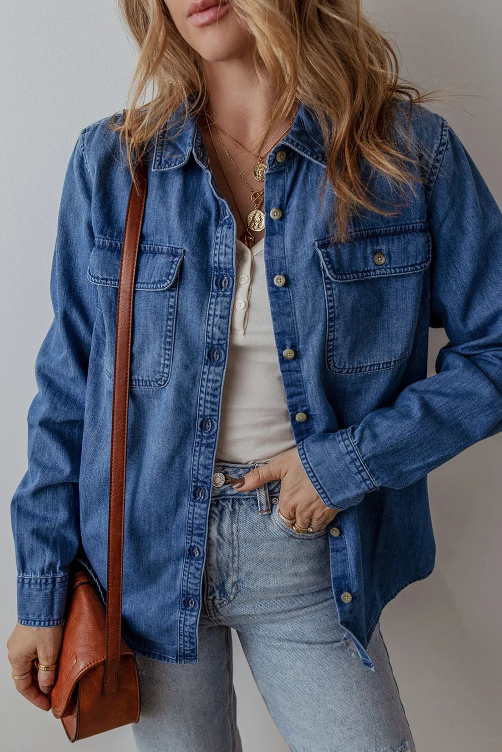 Sky Blue Flap Pocket Button Up Denim Shacket - Chic Meadow Boutique 