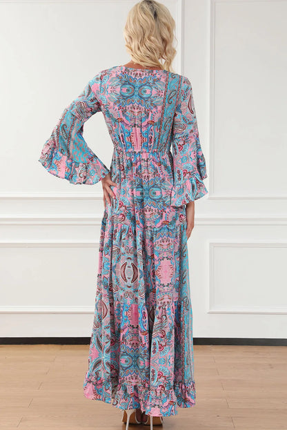 Paisley Printed Ruffle Trim Elegant Maxi Dress - Chic Meadow Boutique 