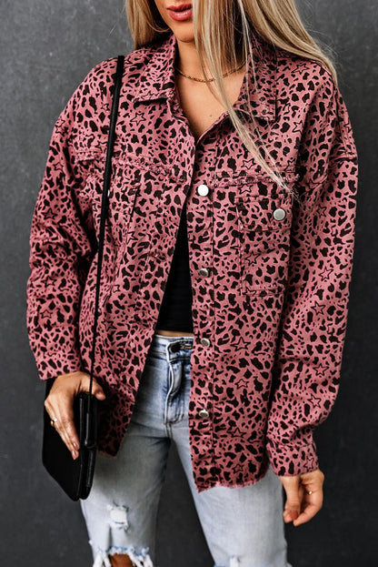 Pink Stars & Animal Spots Print Button Up Denim Shacket - Chic Meadow Boutique 