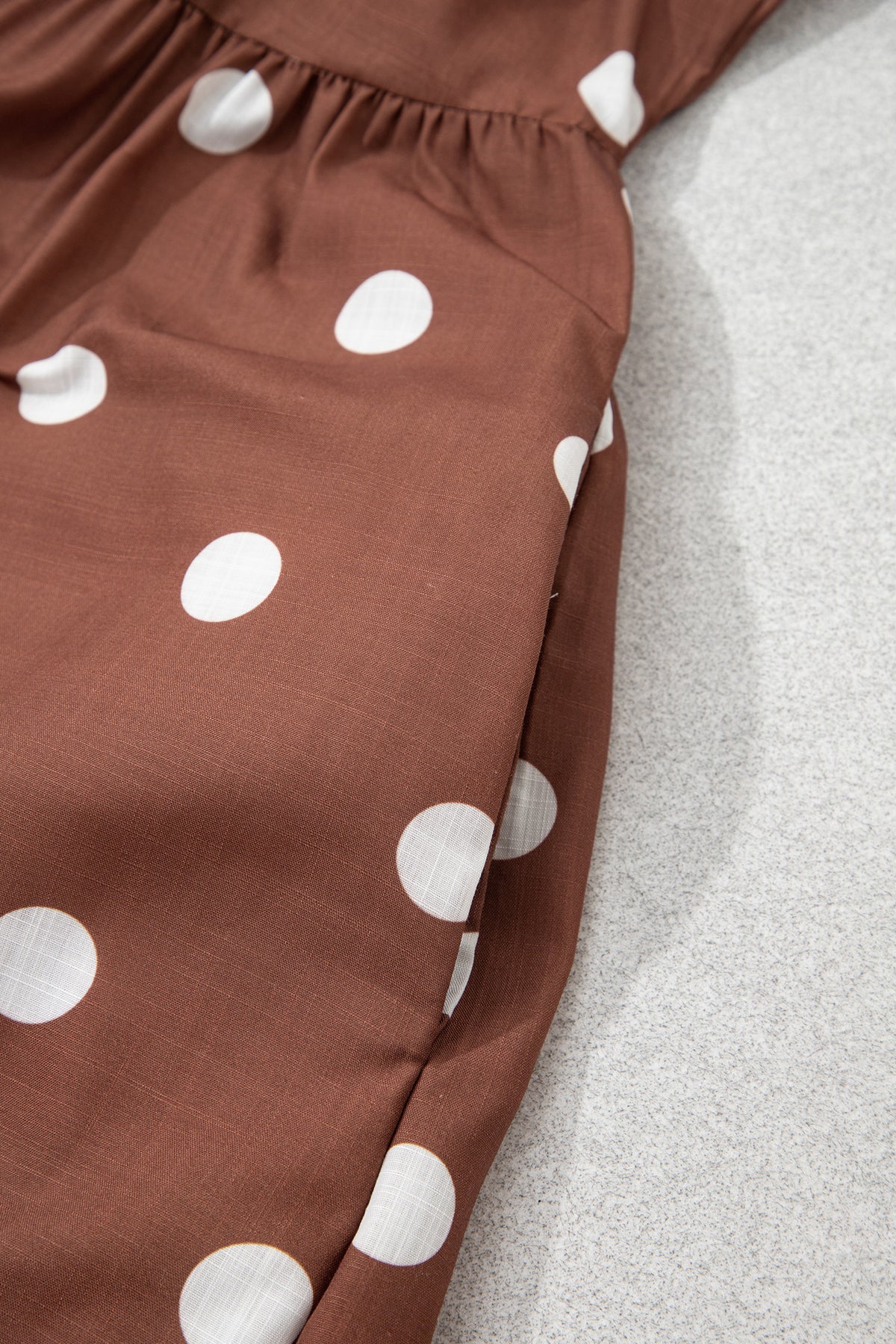 Brown Polka Dot V Neck Abdomen Pocket Gathered Cuffs Long Sleeve Shift Plus Size Dress