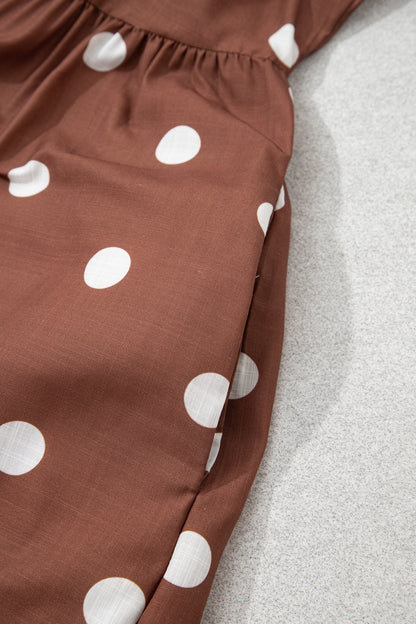 Brown Polka Dot V Neck Abdomen Pocket Gathered Cuffs Long Sleeve Shift Plus Size Dress
