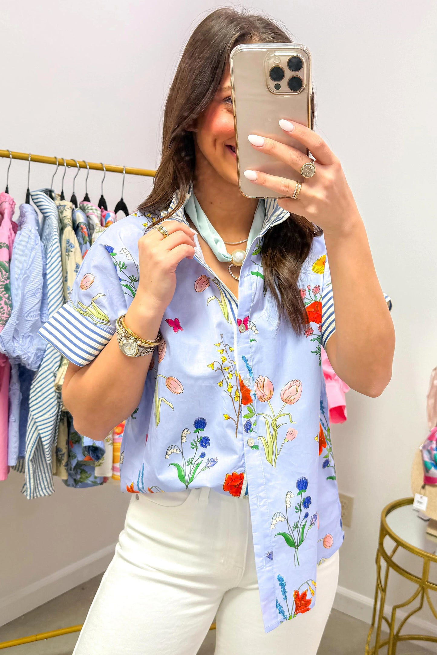 Sky Blue Floral Striped Patchwork Ruffled Collar Short Sleeve Shirt