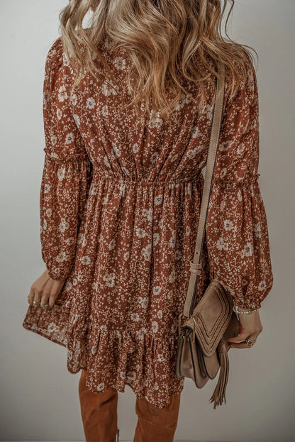 Brown Boho Floral Ruffled Puff Sleeve V Neck Mini Dress - Chic Meadow Boutique 