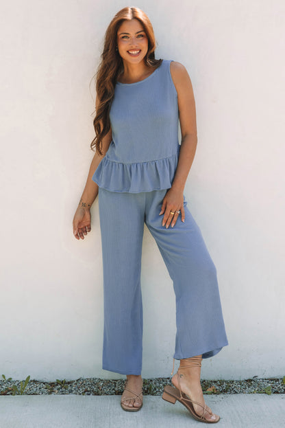 Beau Blue Solid Color Ribbed Ruffle Tank Top and Pants Set