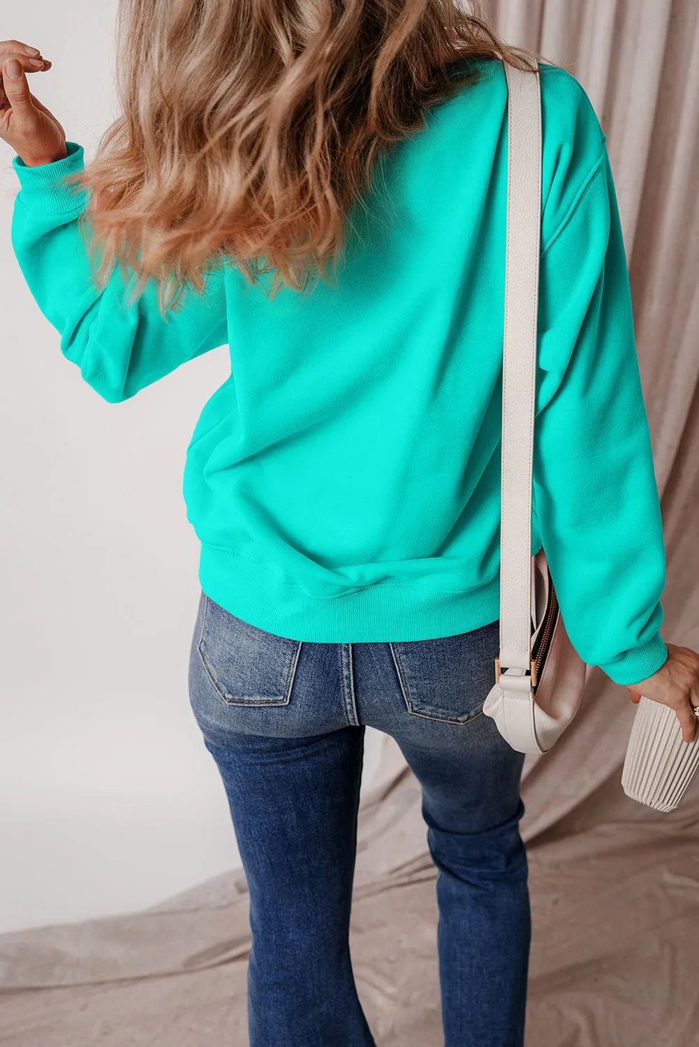 Aruba Blue Solid Fleece Lined Drop Shoulder Terry Sweatshirt - Chic Meadow Boutique 