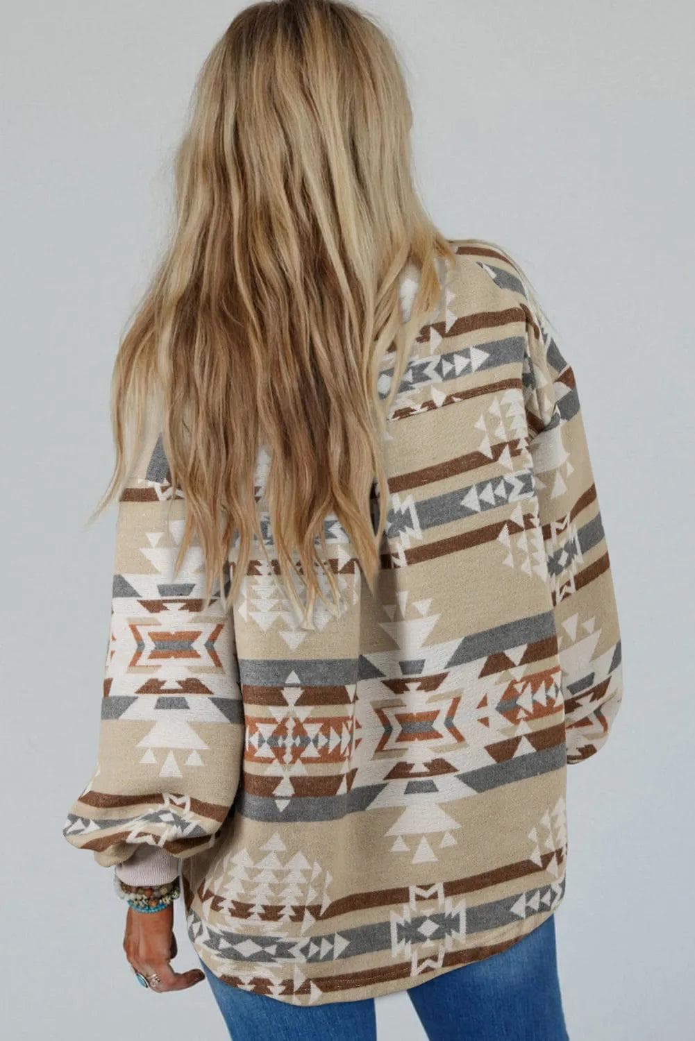 Tops/Sweatshirts & Hoodies Apricot Aztec Print Collared Flap Pocket Sweatshirt