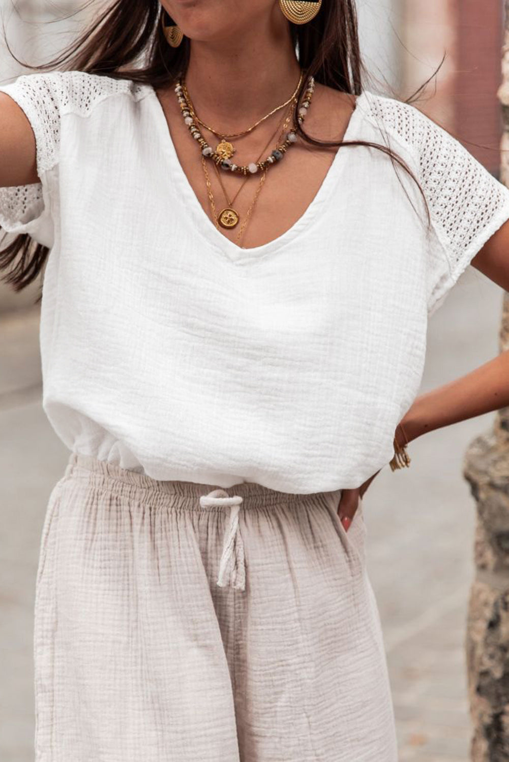 White Lace Crochet Textured Button Back V Neck T Shirt