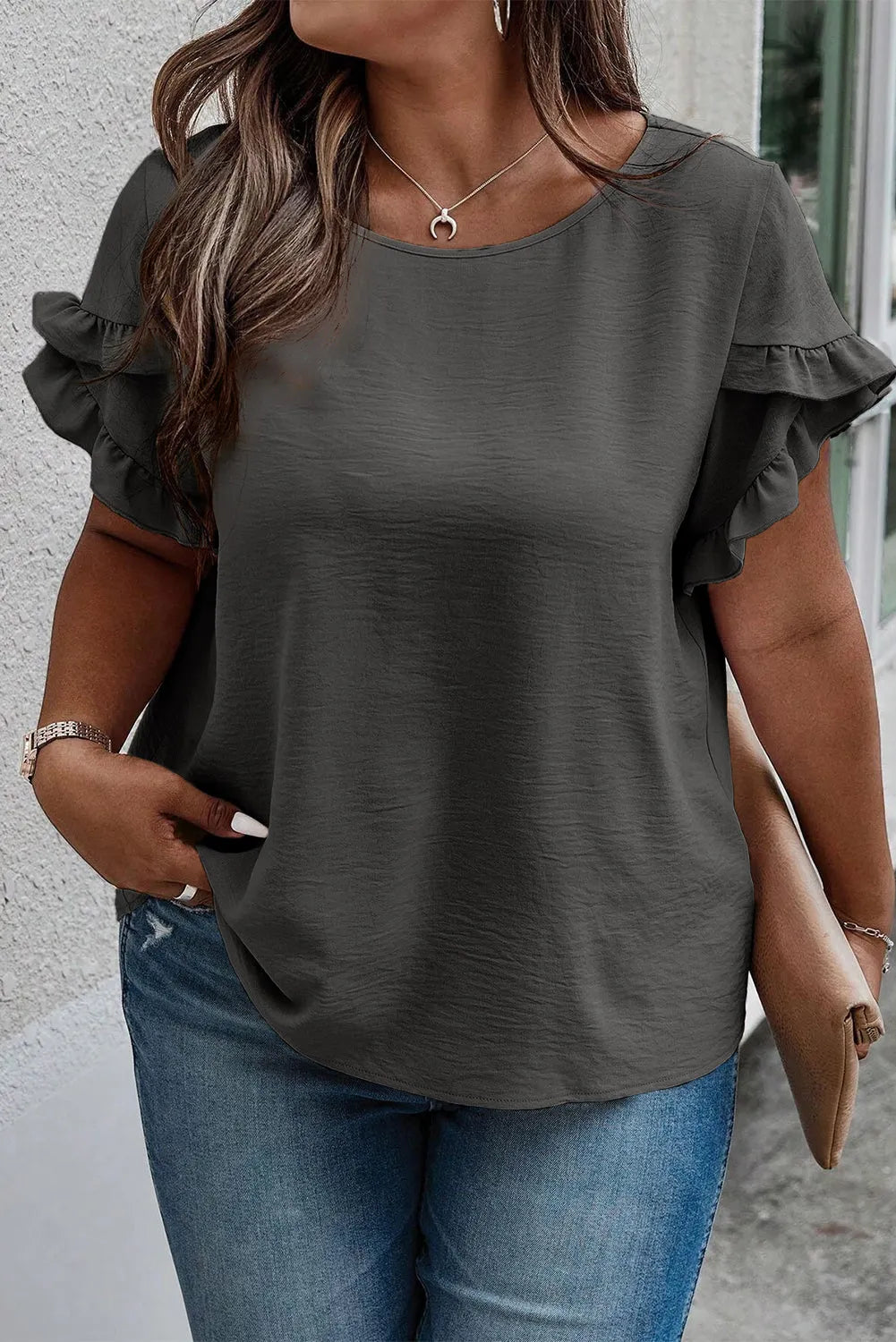 Dark Grey Ruffled Short Sleeve Plus Size Top - Chic Meadow Boutique 