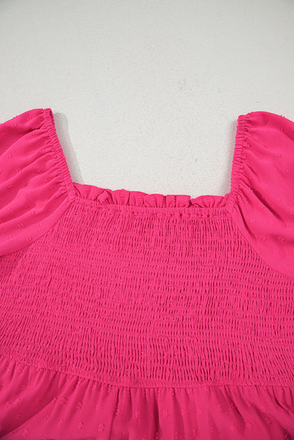 Sachet Pink Swiss Dot Smocked Frilled Neckline Short Sleeve Plus Size Dress