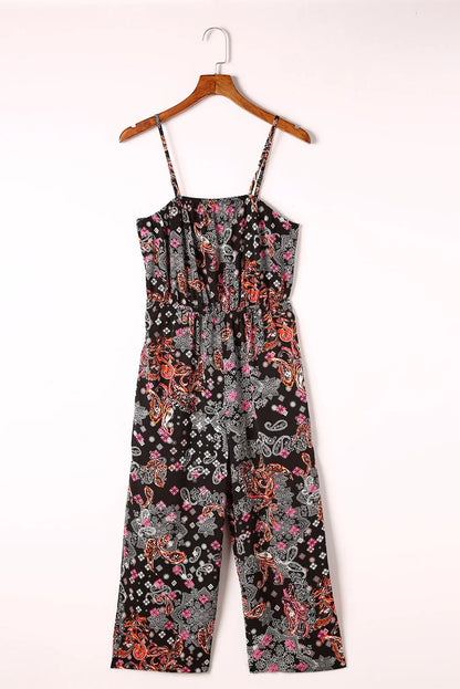 Black Mixed Paisley Print Cropped Jumpsuit - Chic Meadow Boutique 