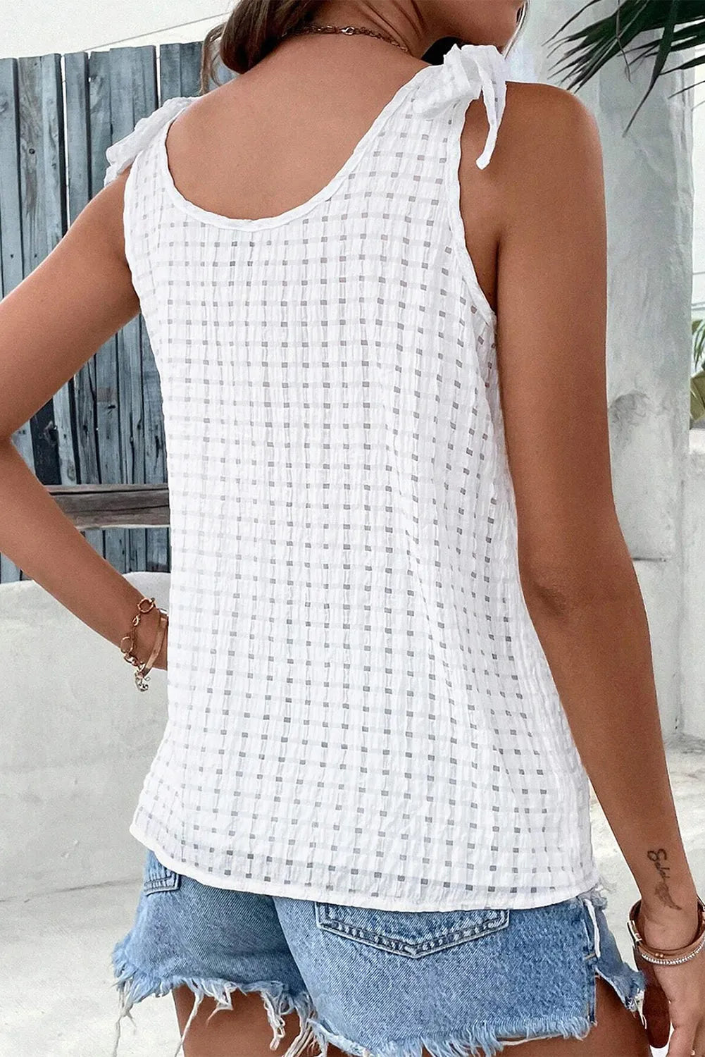 White Lattice Texture Bowknot Shoulder V Neck Tank Top - Chic Meadow Boutique 