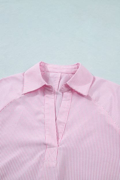 Pink Striped Print Collared Split Neck Half Sleeve Blouse