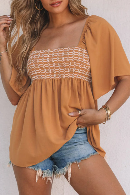 Brown Square Neck Wide Sleeves Flowy Top - Chic Meadow Boutique 