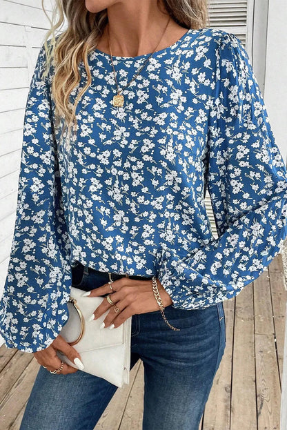 Blue Ditsy Floral Print Lantern Sleeve Blouse - Chic Meadow Boutique 